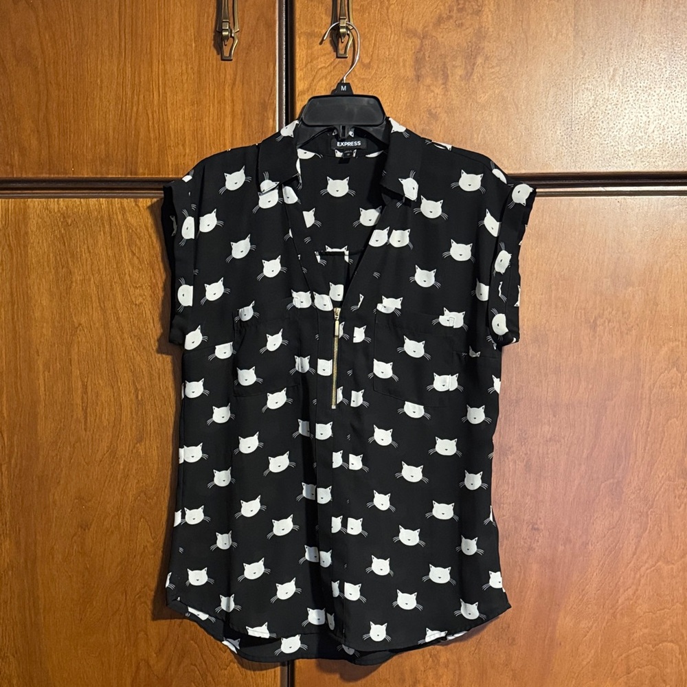 Express Black and White Cat Print Blouse